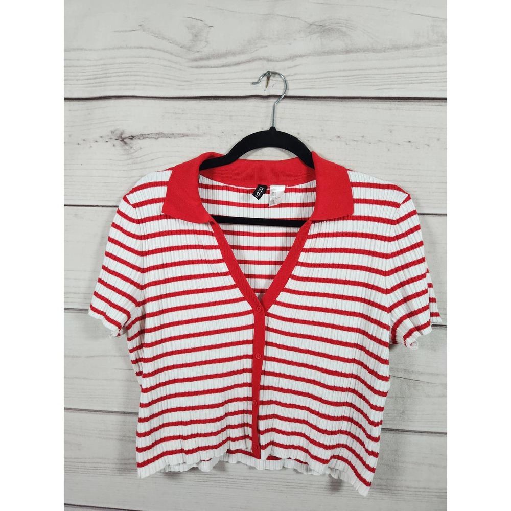 Divided Red and White Striped Cropped Polo Top